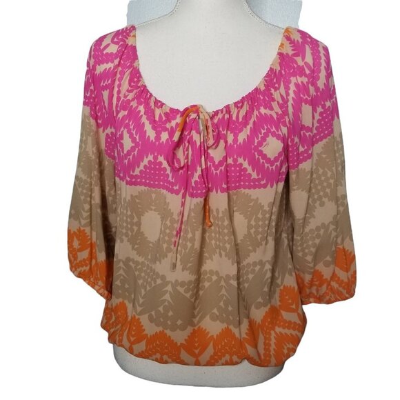 Trina Turk Pink Tan Orange Silk Blend Geo Print Drawstring Blouse Size Medium - Picture 2 of 10